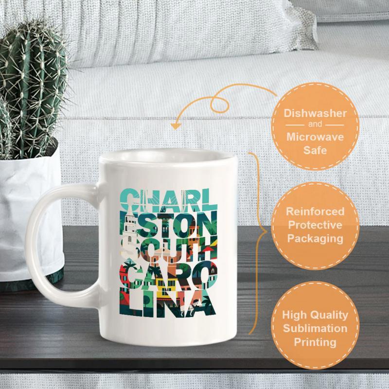 Tailorly White Ceramic 11 oz Mug - Charleston South Carolina Scenic Coastal Landscape Nestled Inside Bold Block Letters Sign