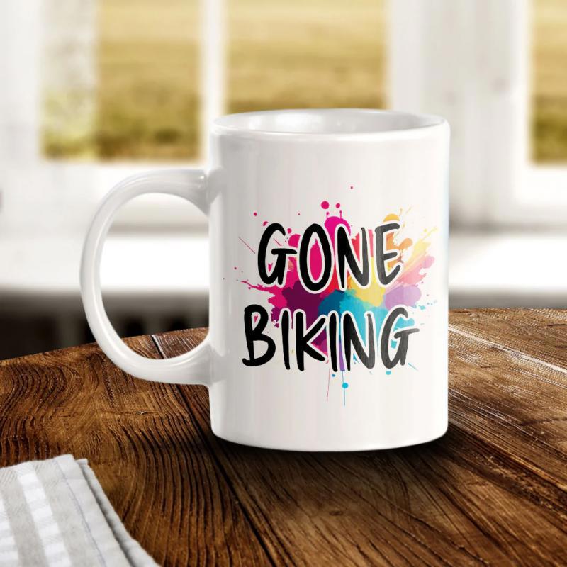 Tailorly White Ceramic 11 oz Mug - Gone Biking Vibrant Colorful Artistic Ink Elements With Bold Hand Drawn Stylized Text Splatter