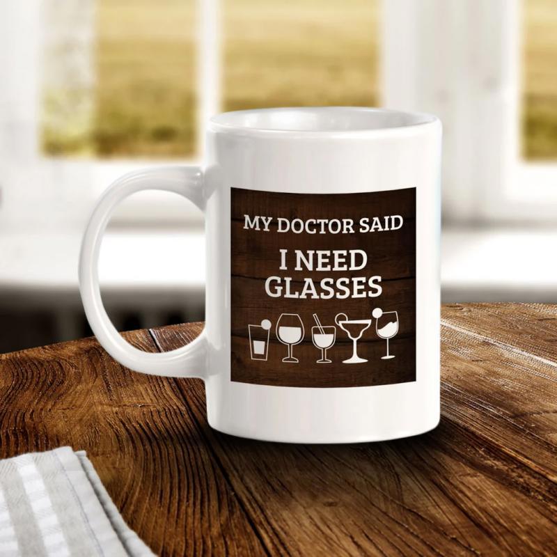Tailorly White Ceramic 11 oz Mug - My Doctor Said I Need Glasses Variety Of Alcoholic Drink Icons Arranged On Rustic Wood Background Glasses