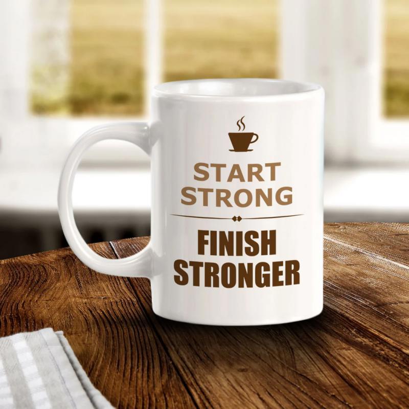 Tailorly White Ceramic 11 oz Mug - Start Strong Finish Stronger Coffee Cup Icon Above Inspirational Text Centered On Smooth Ceramic Surface Mug