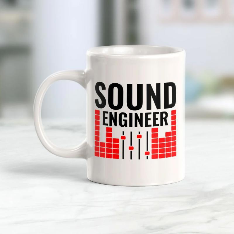 Tailorly White Ceramic 11 oz Mug - Sound Engineer Professional Audio Mixing Sliders With Vibrant Red Digital Frequency Bars Equalizer
