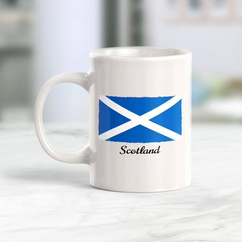 Tailorly White Ceramic 11 oz Mug - Scotland Weathered Blue Fabric Texture With White Diagonal Cross Graphic Flag