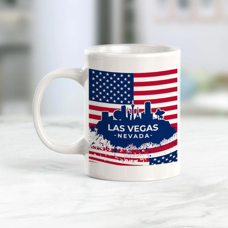 Tailorly White Ceramic 11 oz Mug - Las Vegas Nevada Patriotic American Flag With Distressed Grunge Textures Behind A Dark City Skyline