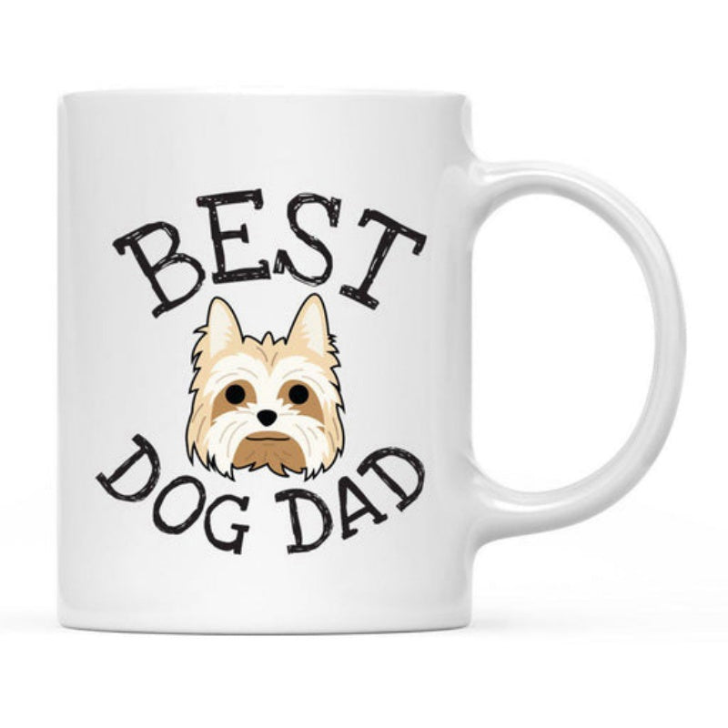 Tailorly White Ceramic 11 oz Mug - Best Dog Dad Cute Yorkshire Terrier Head Surrounded By Distressed Vintage Textured Typography Yorkie