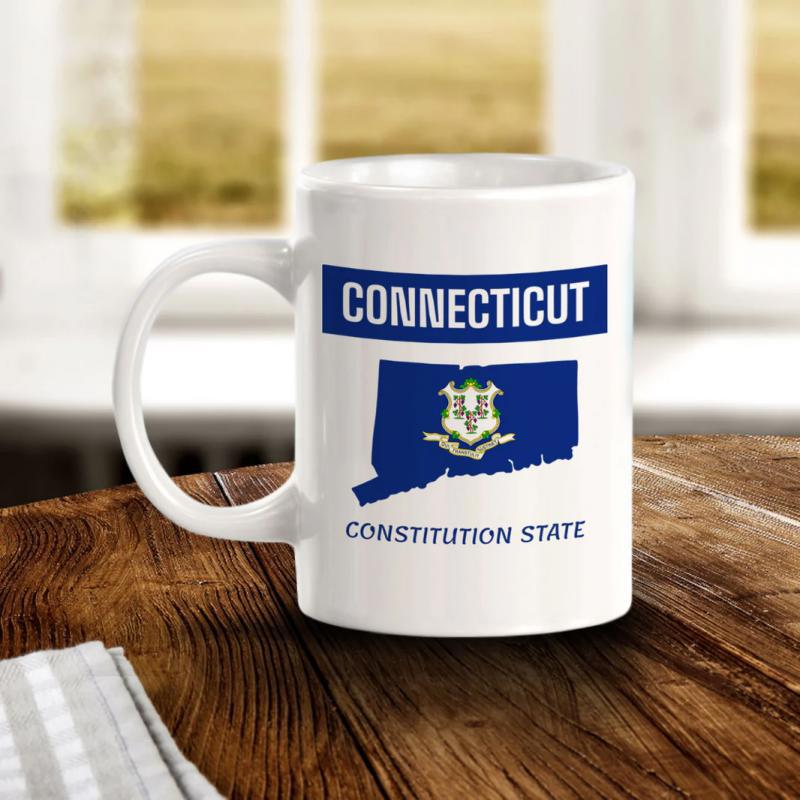 Tailorly White Ceramic 11 oz Mug - Connecticut Constitution State Regional Map Outline Featuring Official Flag Emblem
