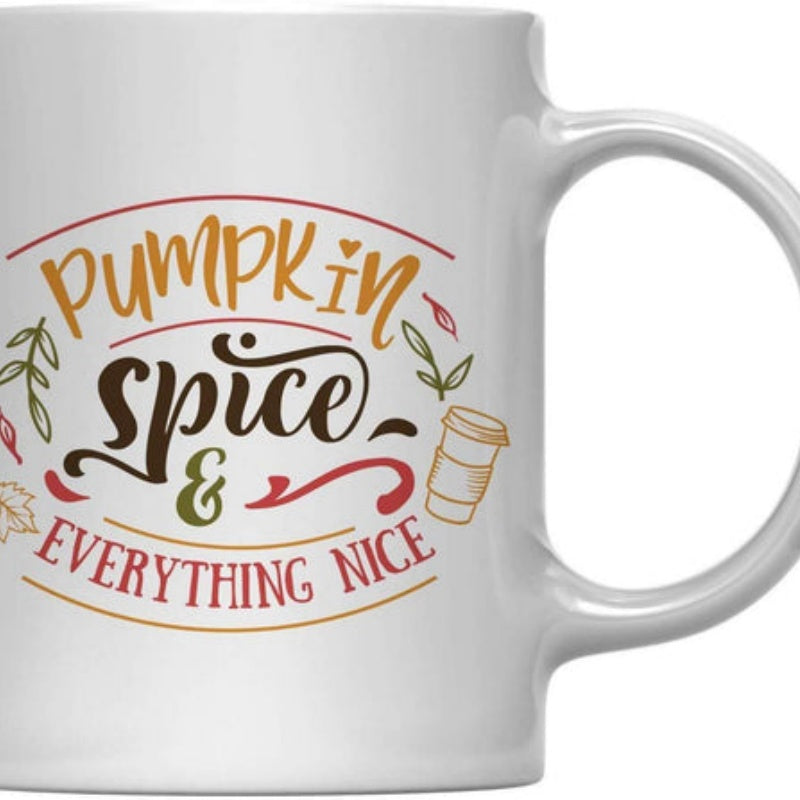 Tailorly White Ceramic 11 oz Mug - Pumpkin Spice Everything Nice Decorative Autumn Leaves Surrounding A Small Takeaway Coffee Cup Graphic