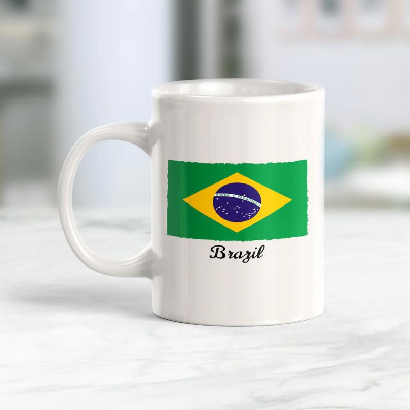Tailorly White Ceramic 11 oz Mug - Brazil Vibrant Green Background With Yellow Diamond And Blue Globe National Flag