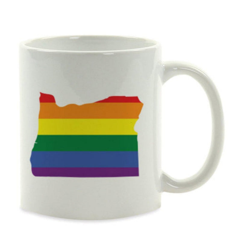 Tailorly White Ceramic 11 oz Mug - Vibrant Rainbow Stripes Filling A Silhouette Of The Pacific Northwest State Oregon