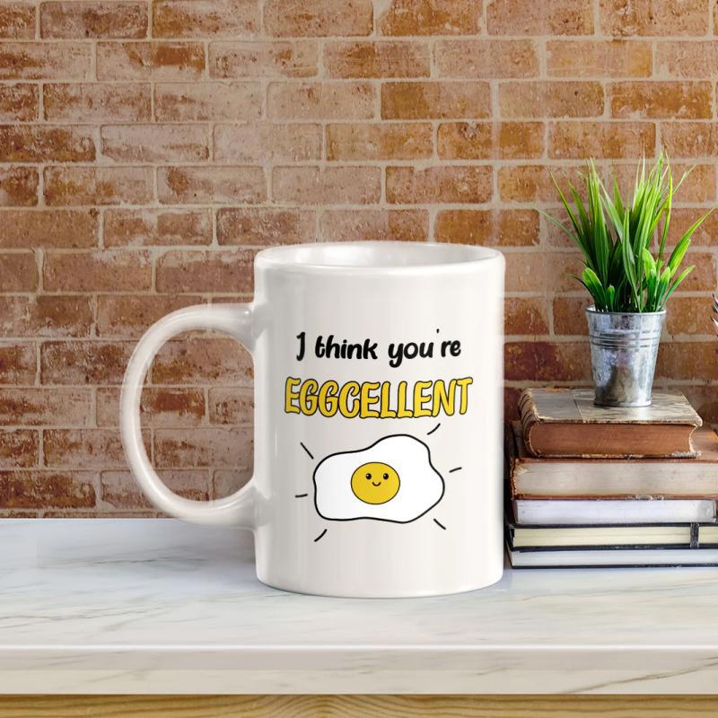 Tailorly White Ceramic 11 oz Mug - I Think You Re Eggcellent Minimalist Fried Egg With A Cute Smiling Face Radiant Sunbeams Egg
