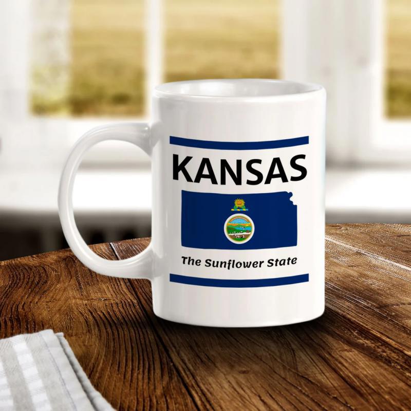 Tailorly White Ceramic 11 oz Mug - Kansas The Sunflower State Traditional Patriotic Design With Symbolic Seal Against Deep Blue Flag