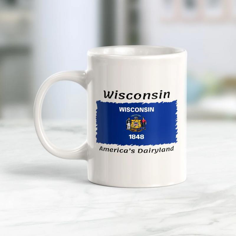 Tailorly White Ceramic 11 oz Mug - Wisconsin Americas Dairyland Traditional Blue Background Featuring State Seal Centered With Patriotic Details Mug