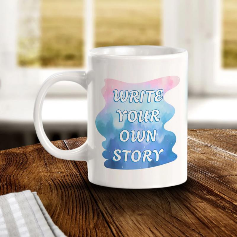 Tailorly White Ceramic 11 oz Mug - Write Your Own Story Soft Pink And Blue Watercolor Splash Background On Mug