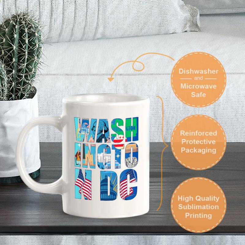 Tailorly White Ceramic 11 oz Mug - Washington DC Iconic American Landmarks And National Flags Inside Bold Block Letters Mug