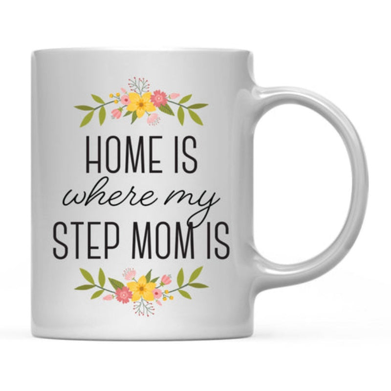 Tailorly White Ceramic 11 oz Mug - Home Is Where My Step Mom Is Vibrant Blooming Yellow And Pink Petals With Elegant Green Leaves Adorned Flower