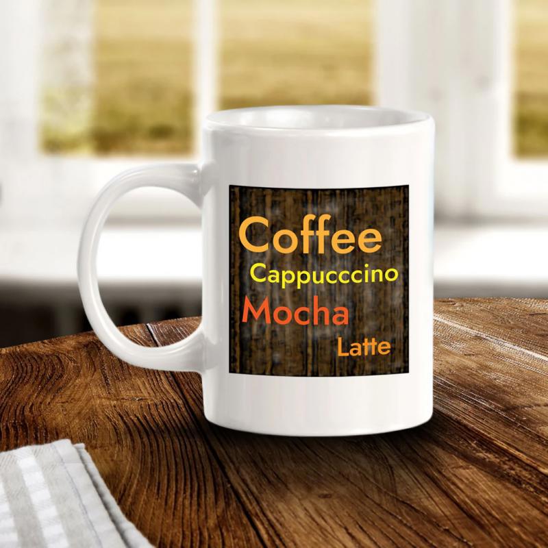 Tailorly White Ceramic 11 oz Mug - Coffee Cappucccinno Mocha Latte Rustic Dark Wood Texture With Warm Toned Beverage Text Mug