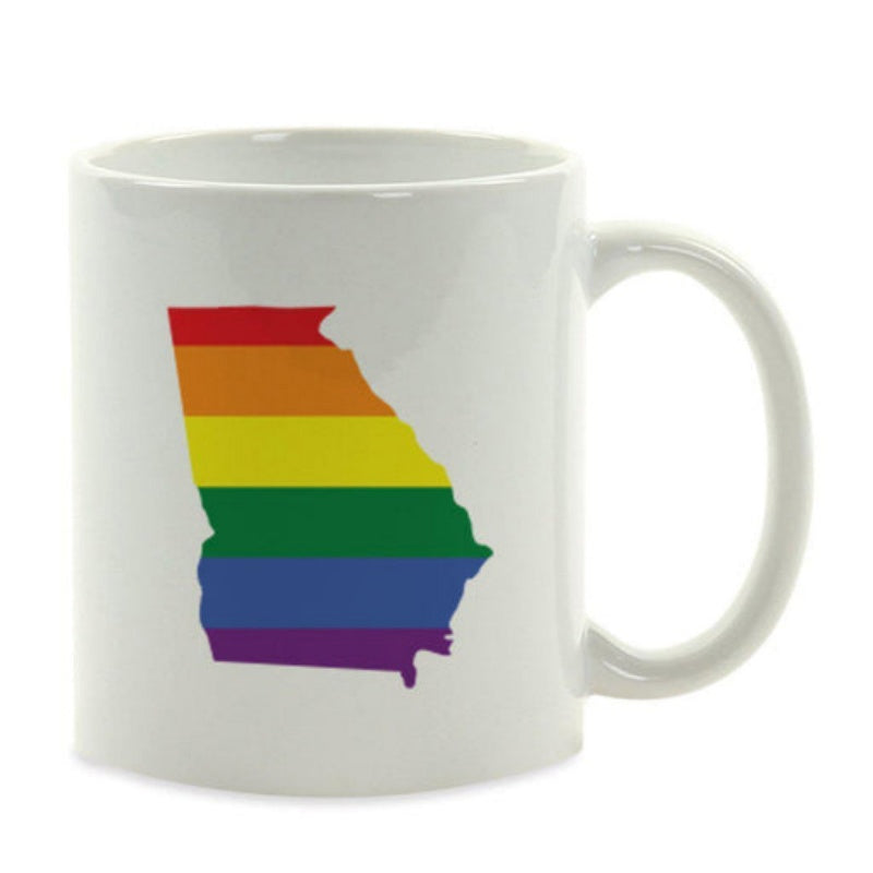 Tailorly White Ceramic 11 oz Mug - Rainbow Colored Pride Flag Pattern Inside A State Silhouette Georgia Map