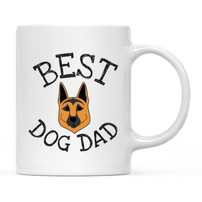Tailorly White Ceramic 11 oz Mug - Best Dog Dad Arched Distressed Black Lettering Around Stylized Cartoon Canine Head German Shepherd