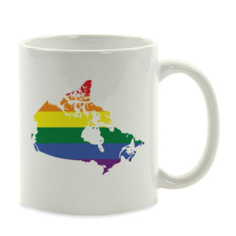 Tailorly White Ceramic 11 oz Mug - Rainbow Colored Pride Flag Design Within National Silhouette Canada Map
