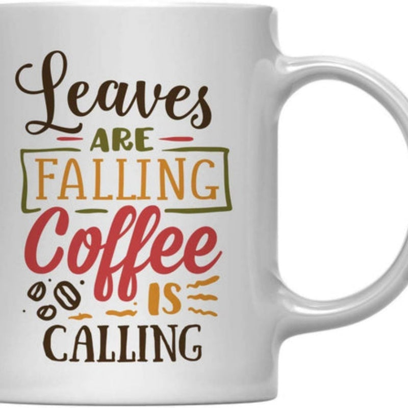Tailorly White Ceramic 11 oz Mug - Leaves Are Falling Coffee Is Calling Scattered Coffee Beans Among Decorative Lines In A Cozy Autumn Style Coffee