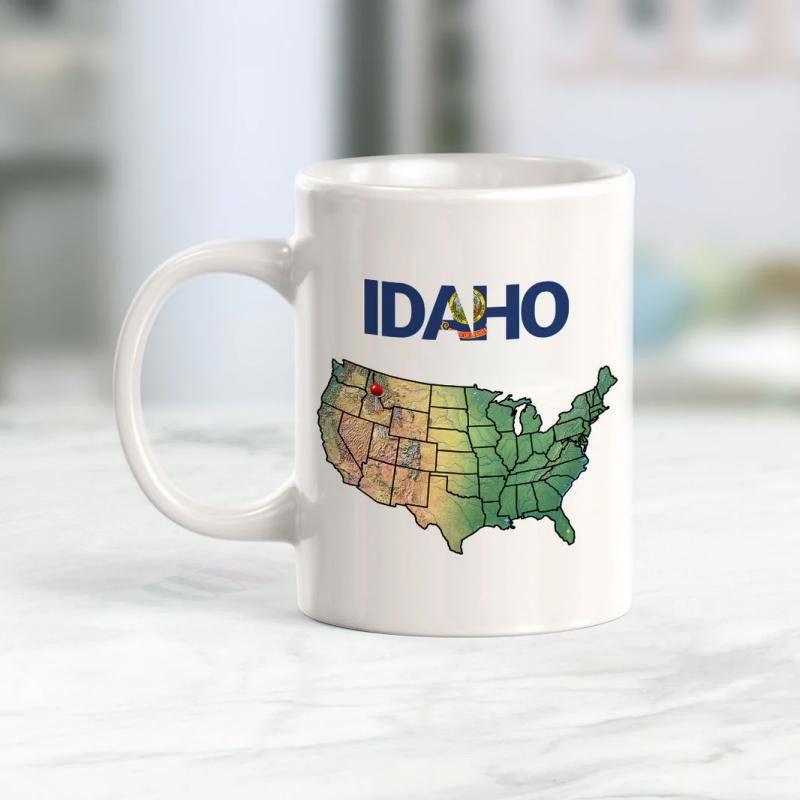 Tailorly White Ceramic 11 oz Mug - Idaho Colorful United States Silhouette With State Border Outlines And Bold Blue Lettering Map