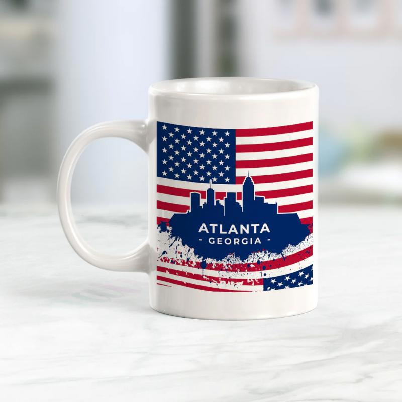 Tailorly White Ceramic 11 oz Mug - Atlanta Georgia Patriotic American Flag Design Featuring Distressed Stripes And Urban City Skyline Mug