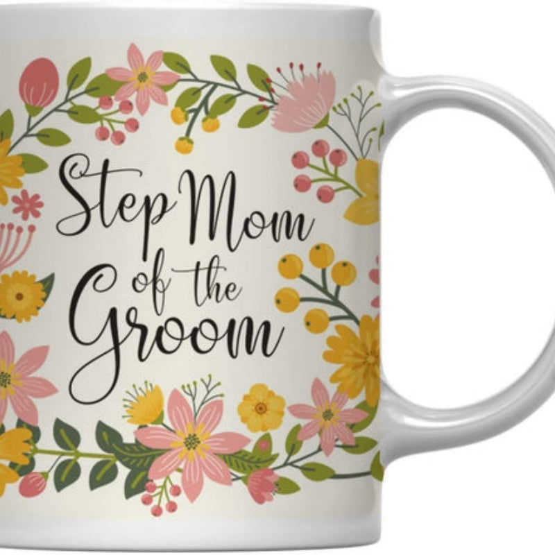 Tailorly White Ceramic 11 oz Mug - Step Mom Of The Groom Vibrant Colorful Spring Blossoms And Elegant Green Leaves Wreath
