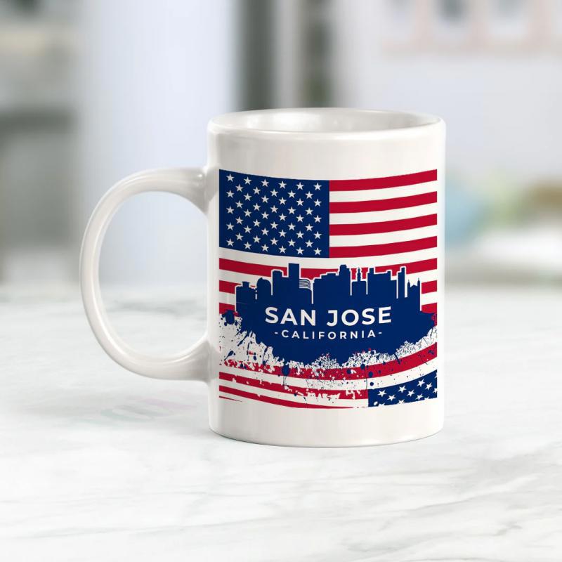 Tailorly White Ceramic 11 oz Mug - San Jose California American Flag Patriotic Stripes With Modern Cityscape Silhouette Under Stars Skyline