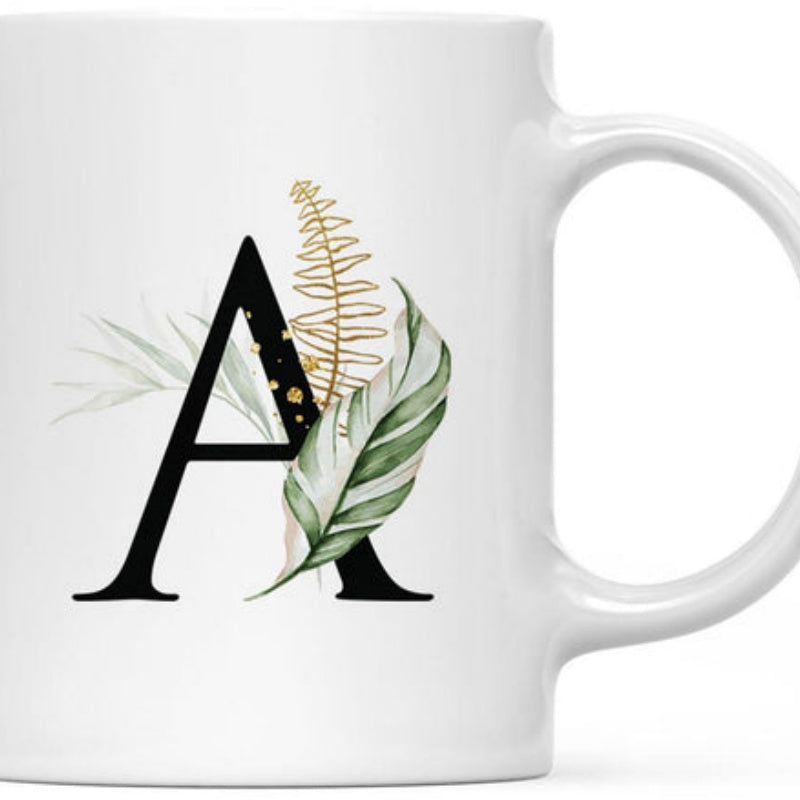 Tailorly White Ceramic 11 oz Mug - A Minimalist Serif Letter Surrounded By Elegant Tropical Greenery And Golden Fern Leaves Monogram