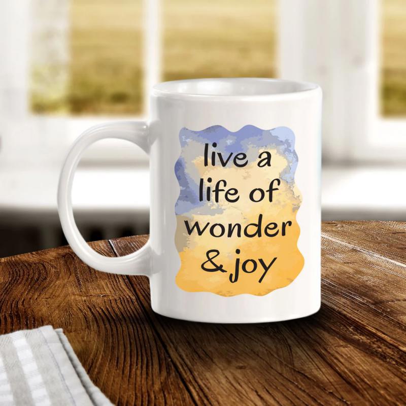 Tailorly White Ceramic 11 oz Mug - Live A Life Of Wonder Joy Soft Blue And Yellow Watercolor Texture With Artistic Splashes Quote
