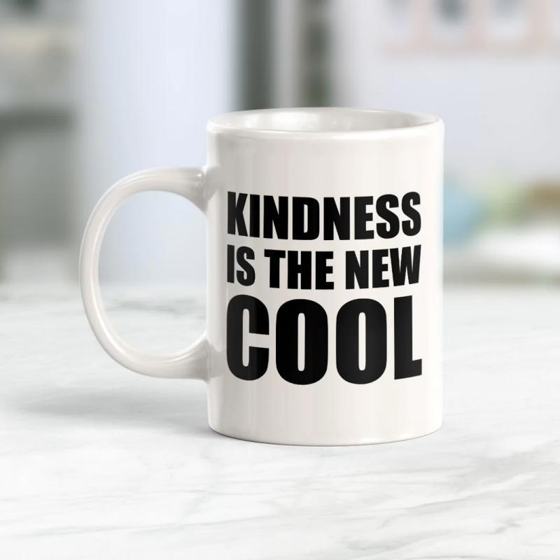 Tailorly White Ceramic 11 oz Mug - Kindness Is The New Cool Bold Black Typography Printed Upon A Smooth