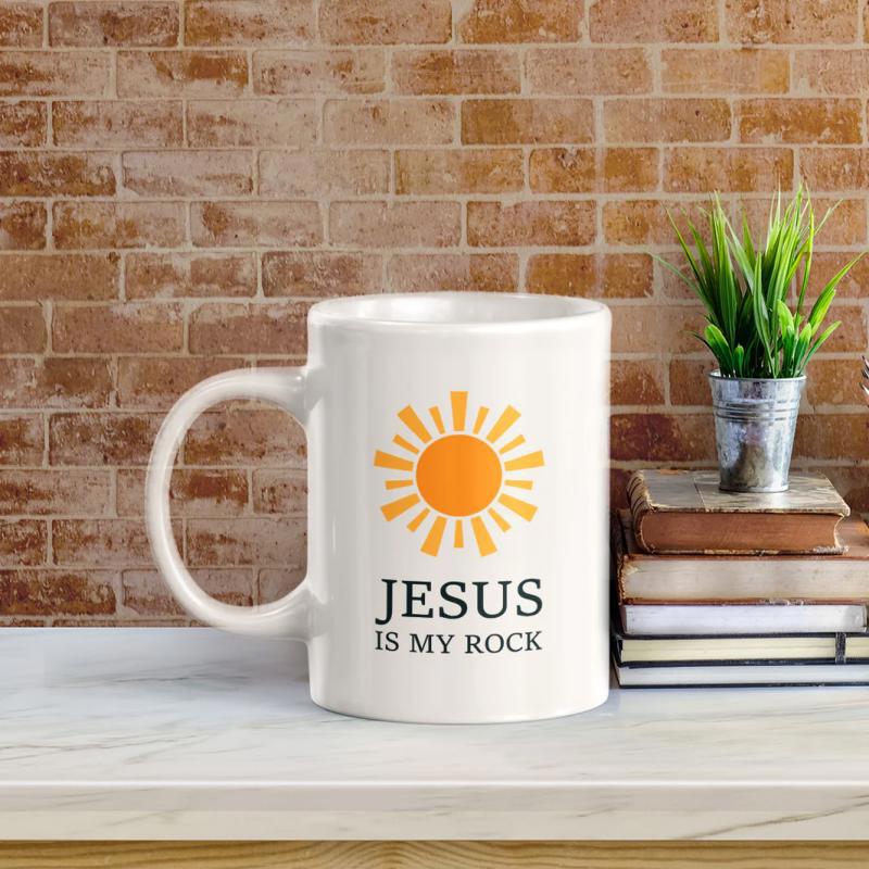 Tailorly White Ceramic 11 oz Mug - Jesus Is My Rock Radiant Golden Sun With Symmetrical Beams Glowing Under Warm Light Sun