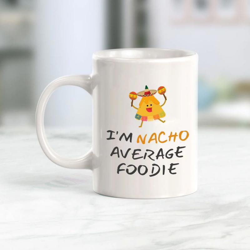 Tailorly White Ceramic 11 oz Mug - Im Nacho Average Foodie Cute Smiling Animated Chip Character Wearing Sombrero Hat And Holding Maracas Nacho