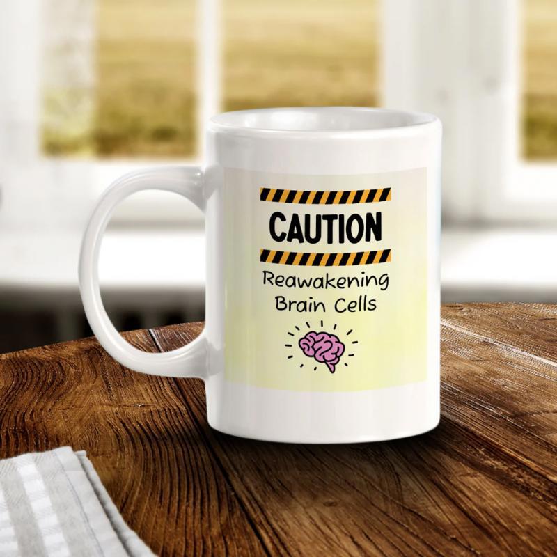Tailorly White Ceramic 11 oz Mug - Caution Reawakening Brain Cells Yellow Warning Stripes With Small Pink Brain On