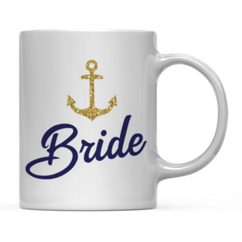 Tailorly White Ceramic 11 oz Mug - Bride Elegant Sparkling Gold Glitter Maritime Symbol Reflecting Nautical Grace Anchor