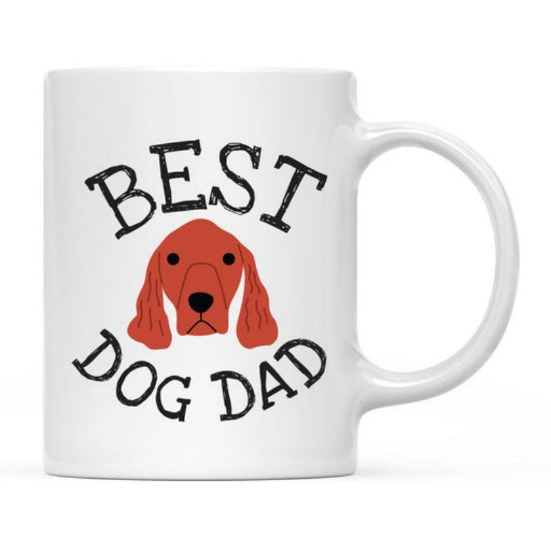 Tailorly White Ceramic 11 oz Mug - Best Dog Dad Minimalist Reddish Brown Long Eared Hound Face Sitting Centered Between Bold Text Dog