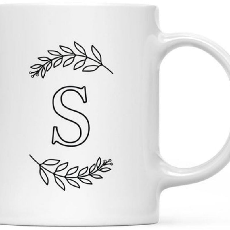 Tailorly White Ceramic 11 oz Mug - S Minimalist Laurel Wreath Branches Framing A Single Elegant Outlined Letter Monogram