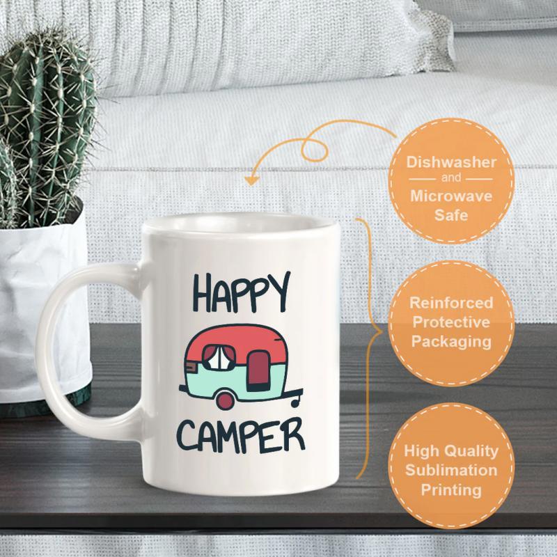 Tailorly White Ceramic 11 oz Mug - Happy Camper Cute Red And Blue Vintage Style Travel Trailer Icon Camper