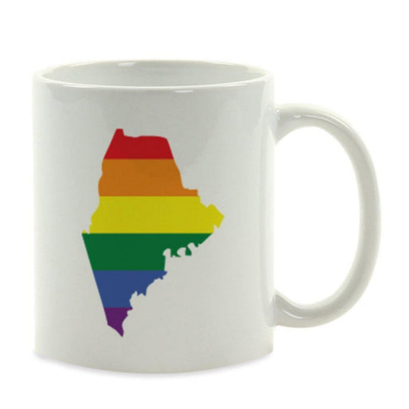 Tailorly White Ceramic 11 oz Mug - Vibrant Rainbow Stripes Inside Geometric Geographic State Outline Map
