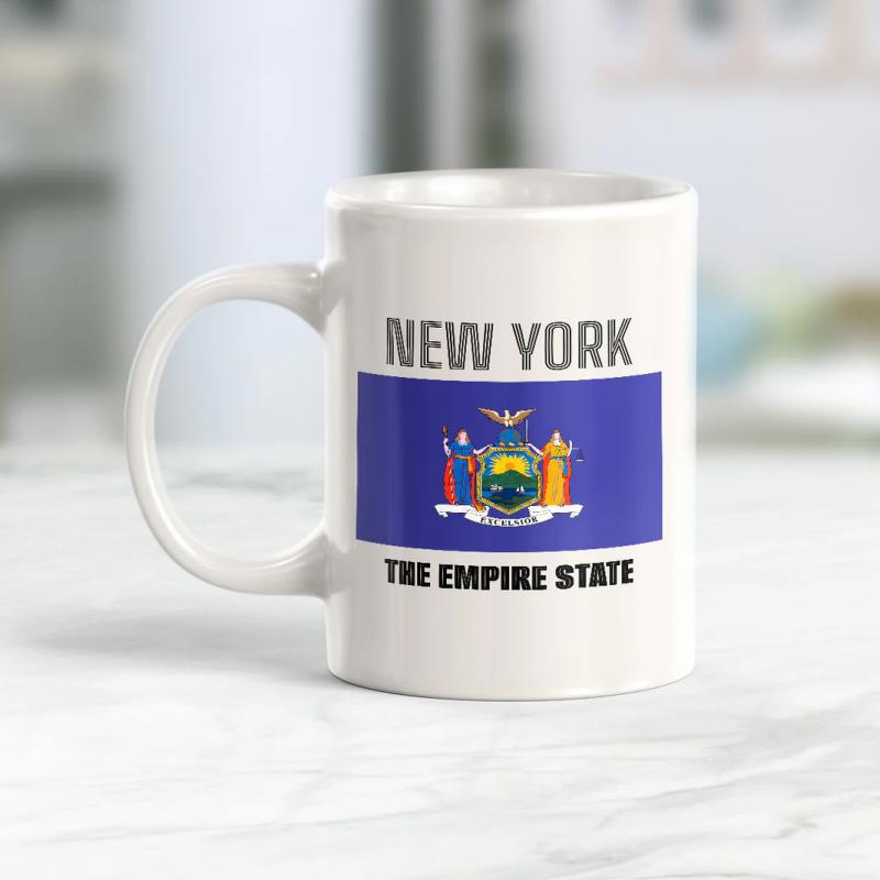 Tailorly White Ceramic 11 oz Mug - New York The Empire State Official Blue Flag With State Seal On A Ceramic Mug