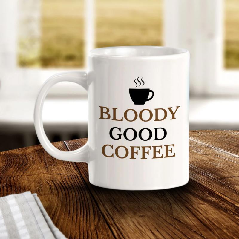 Tailorly White Ceramic 11 oz Mug - Bloody Good Coffee Featuring Steaming Black Icon Above Bold Elegant Serif Font Mug