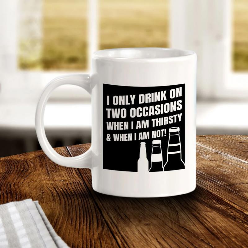 Tailorly White Ceramic 11 oz Mug - I Only Drink On Two Occasions When I Am Thirsty And When I Am Not Silhouetted Beverage Bottles Set Against A Bold Solid Black