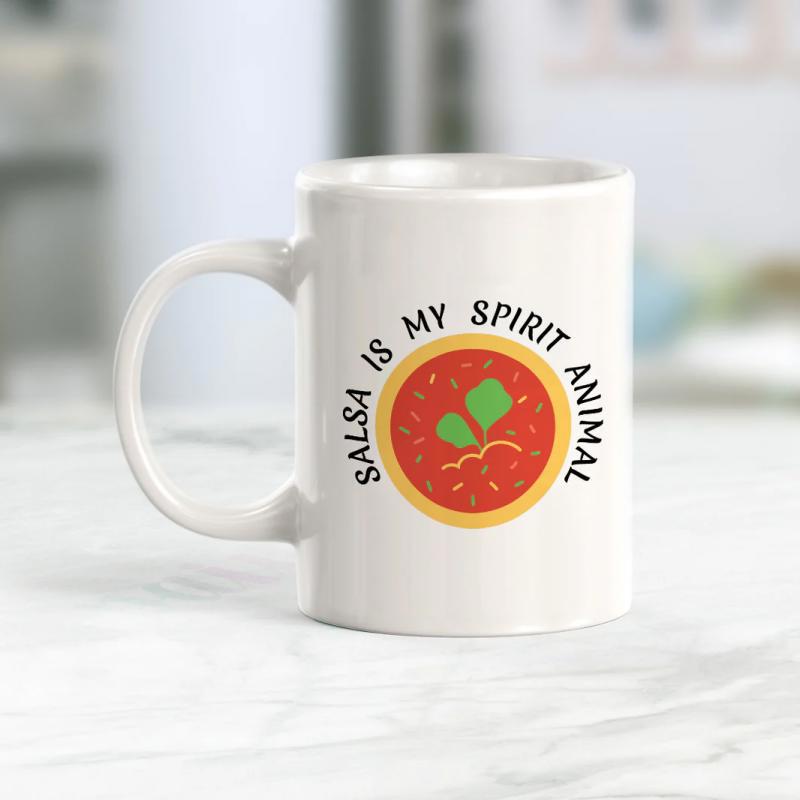 Tailorly White Ceramic 11 oz Mug - Salsa Is My Spirit Animal Vibrant Red Mexican Dip With Green Cilantro Leaves Inside Bowl Salsa