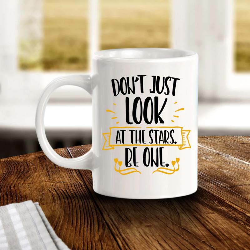 Tailorly White Ceramic 11 oz Mug - Dont Just Look At The Stars Be One Minimalist White Ceramic Kitchenware Placed On Rustic Dark Wood Mug