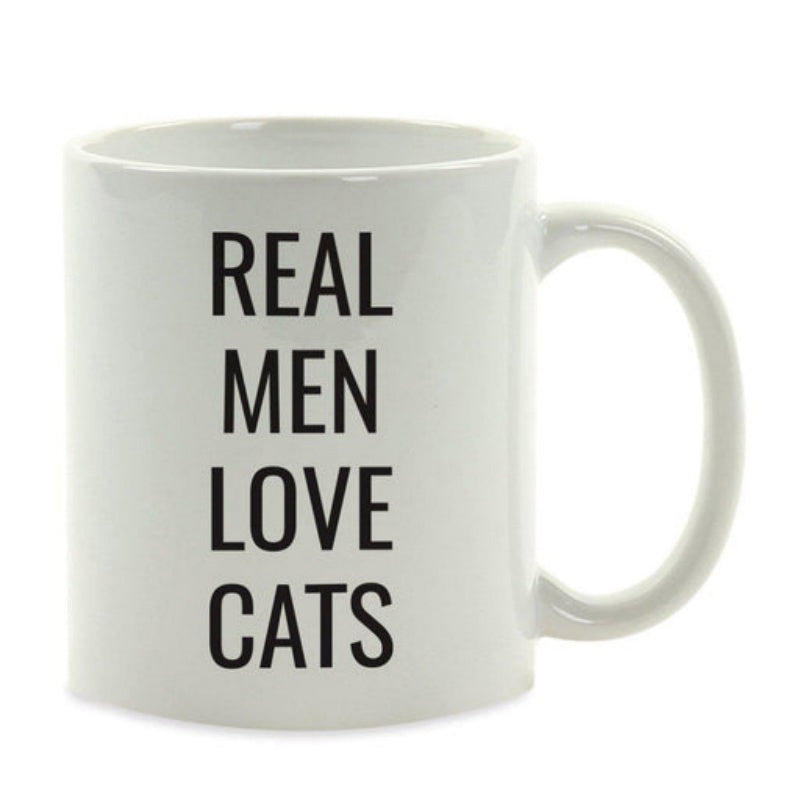 Tailorly White Ceramic 11 oz Mug - Real Men Love Cats Simple Elegant Ceramic Surface With Bold Vertical Black Lettering Design Mug