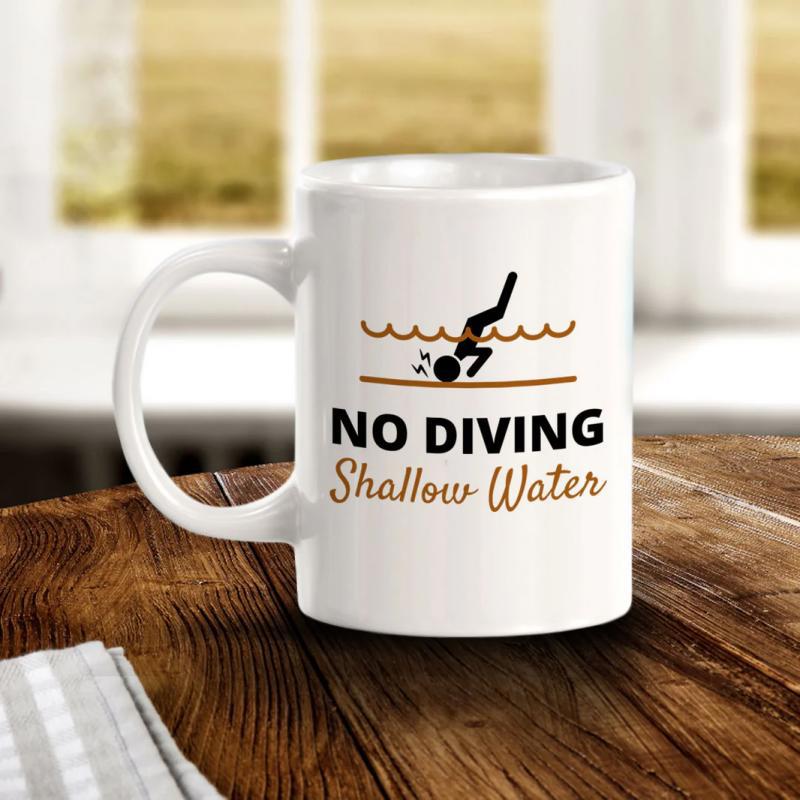 Tailorly White Ceramic 11 oz Mug - No Diving Shallow Water Humorous Safety Sign Showing Person Diving Into Pool Illustration