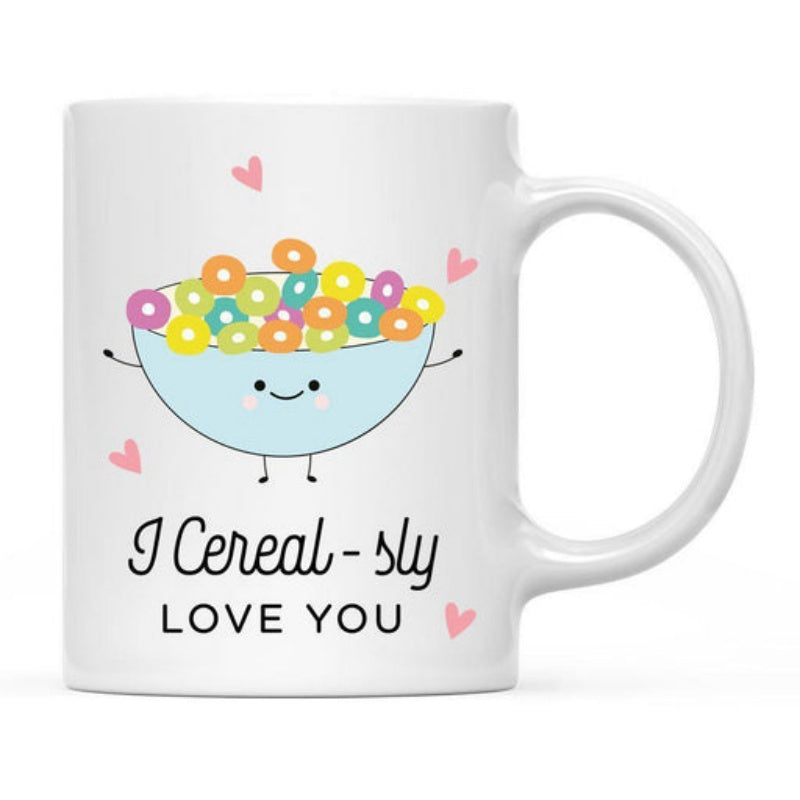 Tailorly White Ceramic 11 oz Mug - I Cerealsly Love You Cute Cartoon Character Filled With Colorful Cereal Loops And Pink Hearts Bowl