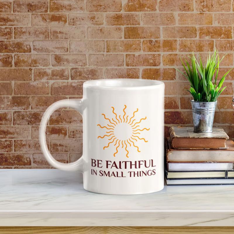 Tailorly White Ceramic 11 oz Mug - Be Faithful In Small Things Minimalist Orange Stylized Radiating Wavy Rays Pattern Bright Glowing Icon Sun