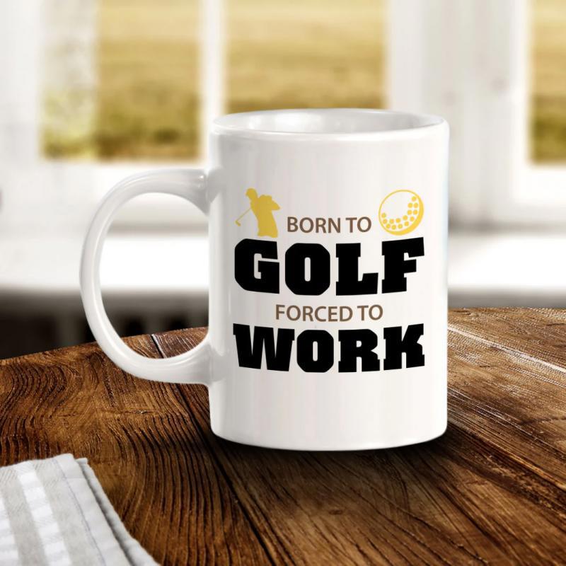 Tailorly White Ceramic 11 oz Mug - Born To Golf Forced To Work Golden Golfer Silhouette And Golf Ball Graphic In Clean Minimalist Style Mug