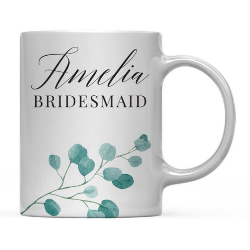 Tailorly White Ceramic 11 oz Mug - Amelia Bridesmaid Elegant Watercolor Green Eucalyptus Leaves Stretching Across The Delicate Branch