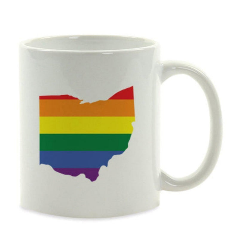 Tailorly White Ceramic 11 oz Mug - Vibrant Rainbow Stripes Within A Symbolic Map Silhouette Of The State Ohio